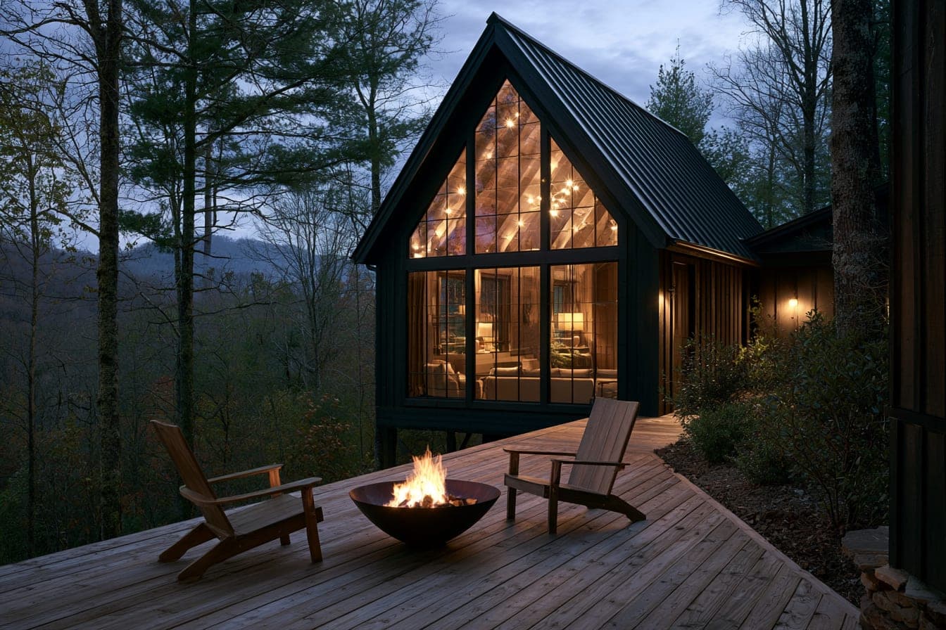Two chairs and a small fire bowl on a cabin deck at dusk, first stars out