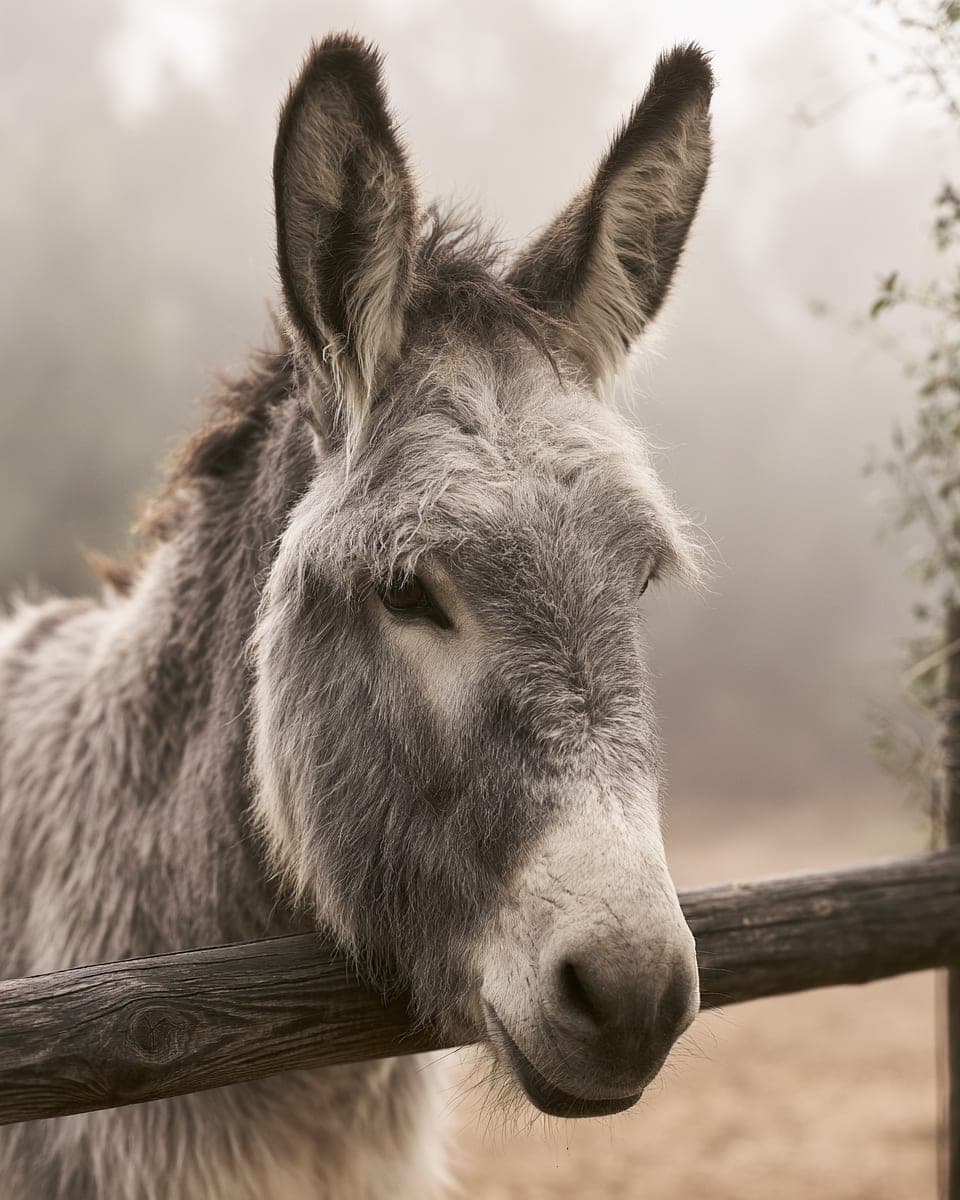 A gray donkey with ears forward, head over a dark timber fence rail in morning light