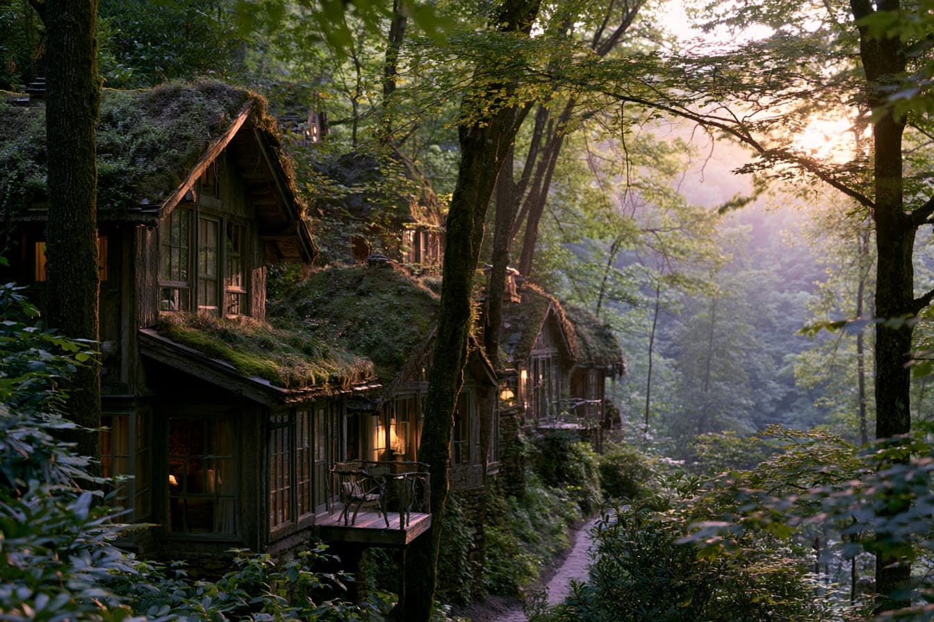 Small timber-and-glass cabins with moss living roofs, half-hidden by trees on a wooded hillside