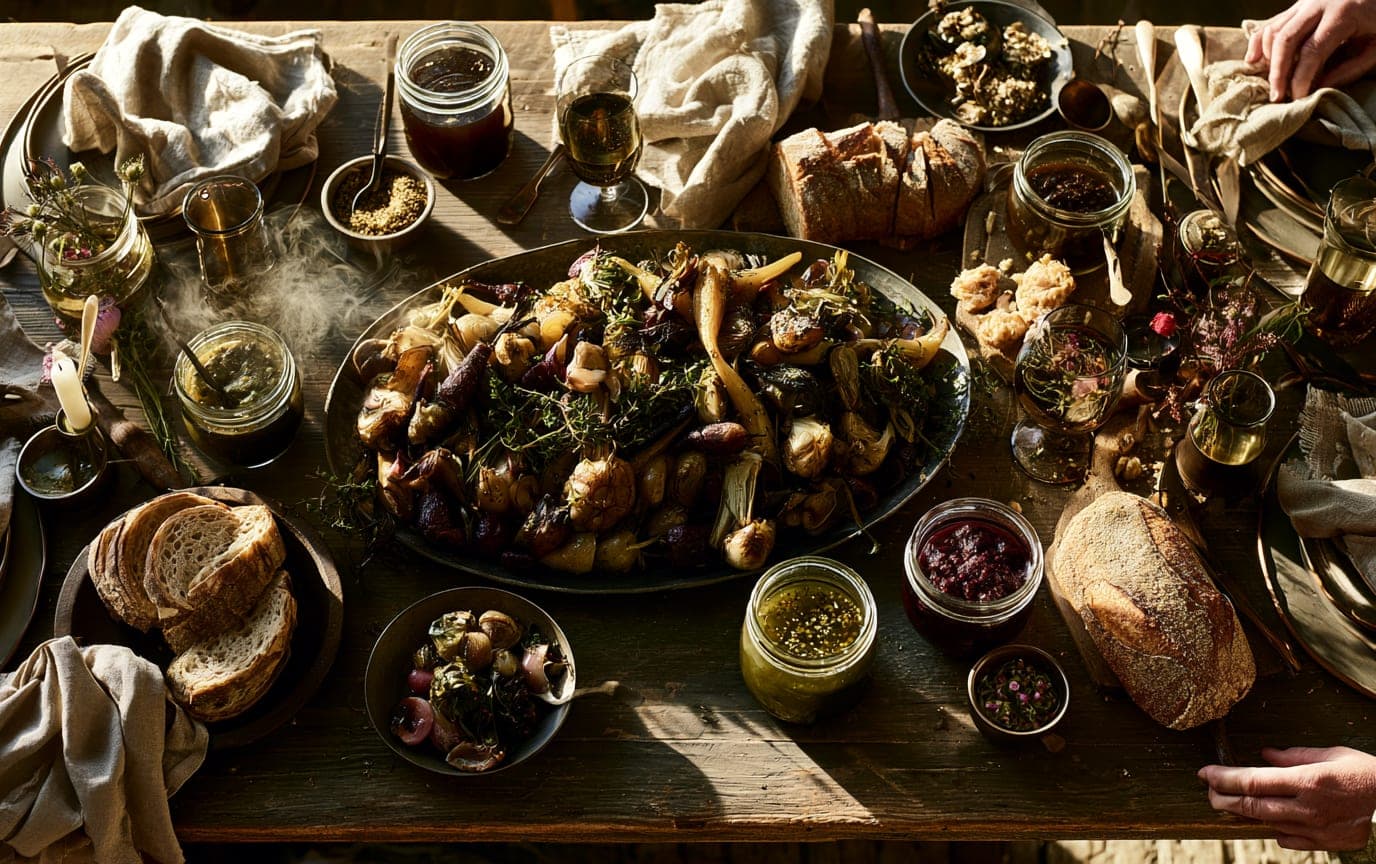 A farm-to-table spread from above — roast vegetables, sourdough, preserves, hands reaching in
