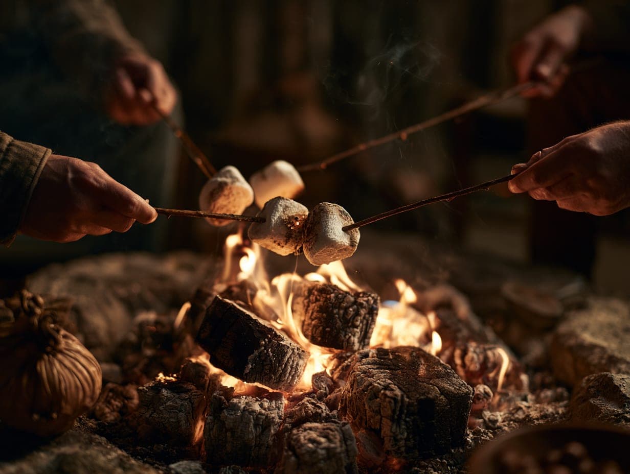 Hands toasting marshmallows over glowing embers in the deep dark