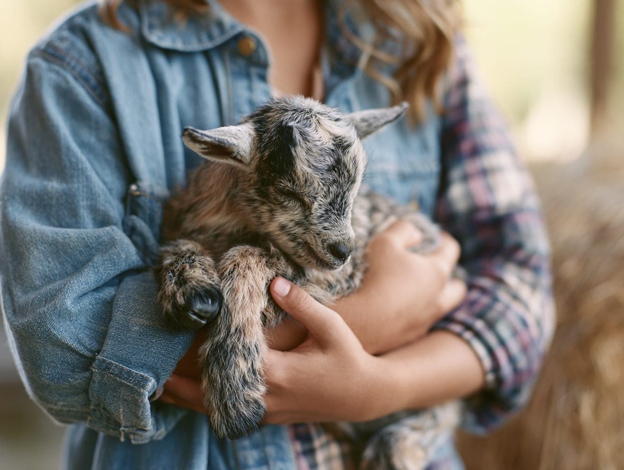 A baby goat held gently in a child’s arms, denim and flannel textures