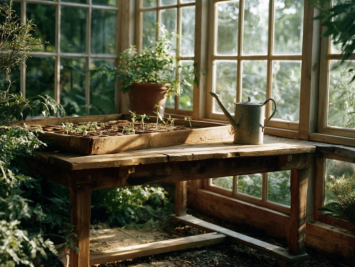Seedling trays on the greenhouse potting bench, morning light through paned glass