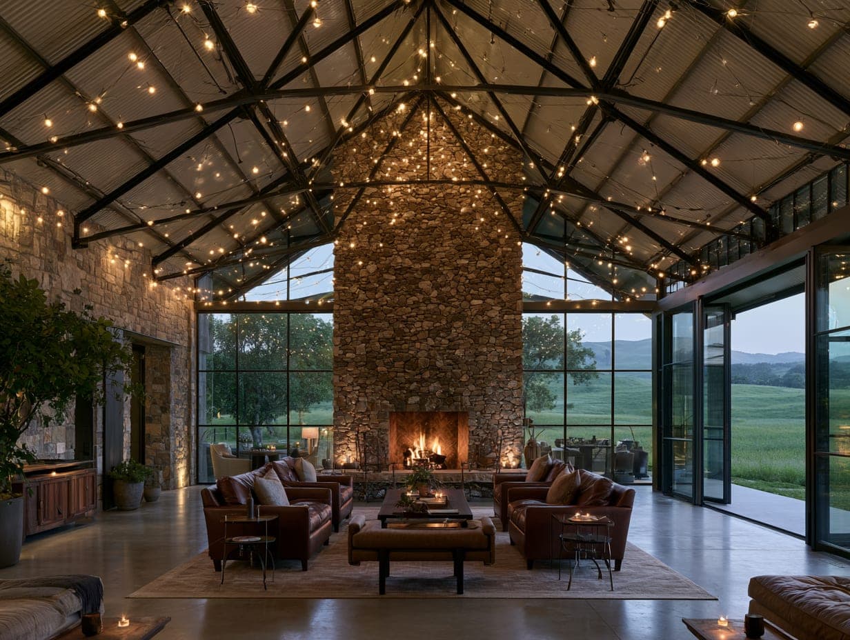 The lodge’s vaulted great room — black steel trusses, stone fireplace, leather seating, glass sliders open to pasture