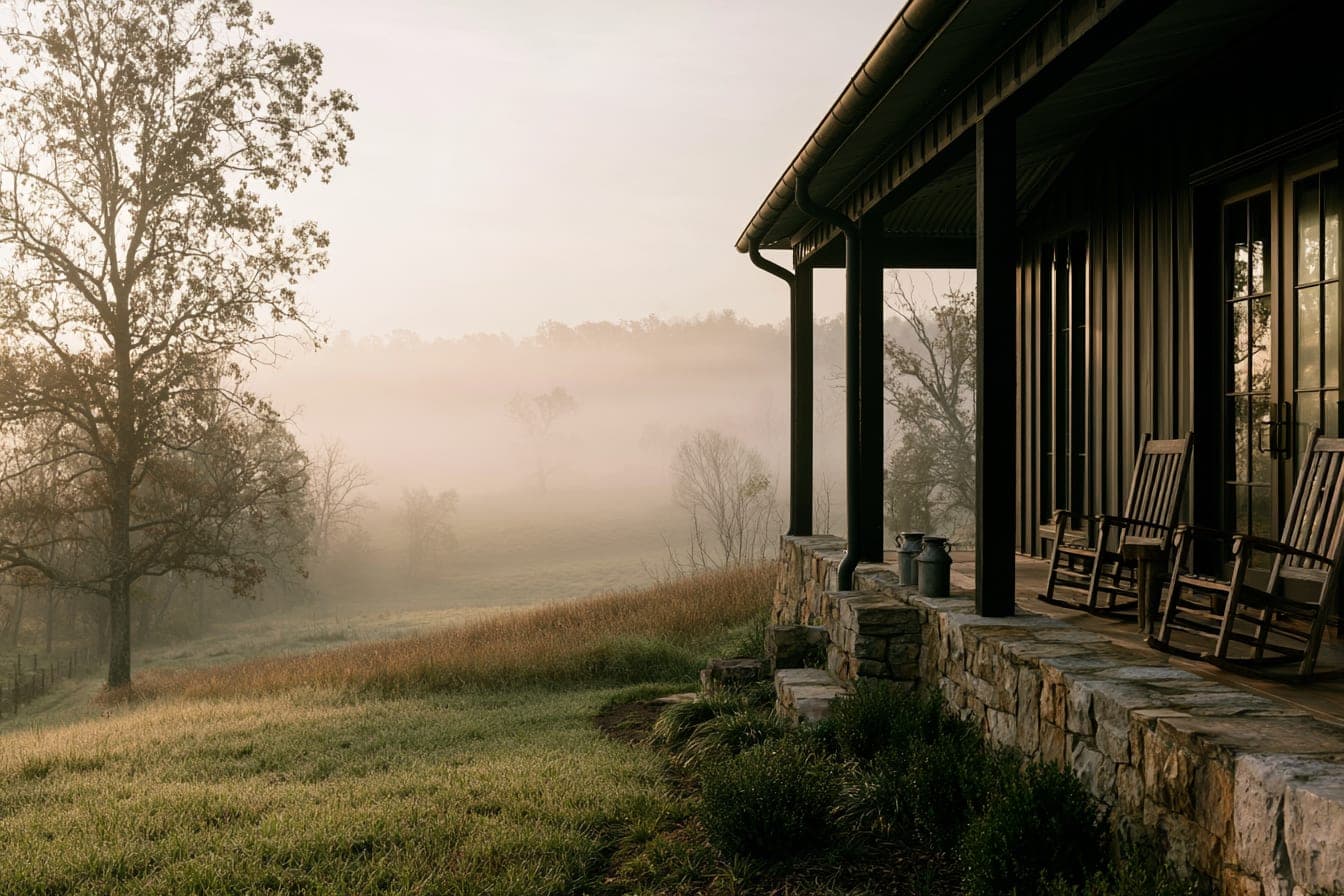 Rocking chairs and two enamel mugs on the lodge’s wraparound porch, mist on the pasture