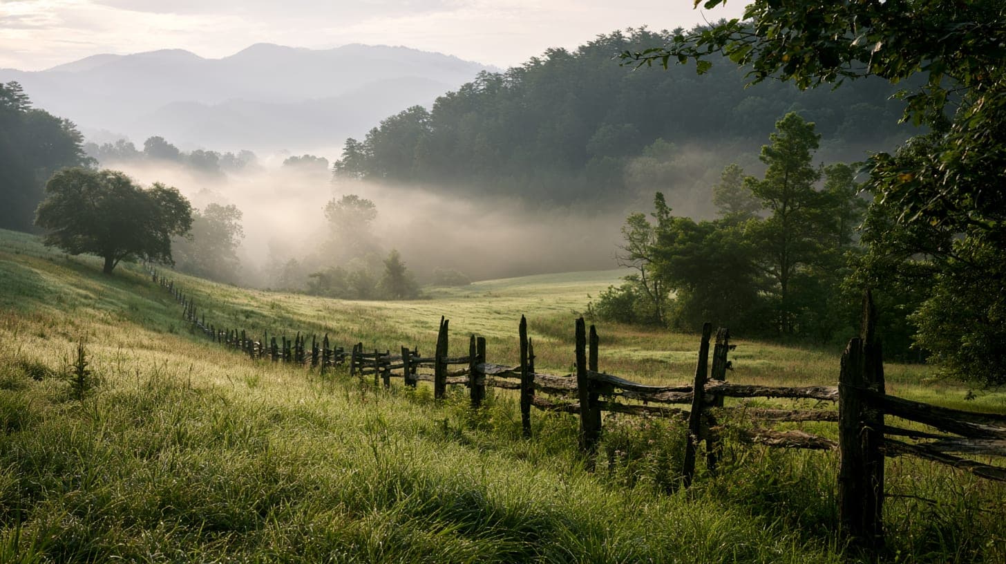 Pasture rising to a pine ridge at first light, fog lying in the hollows along a split-rail fence