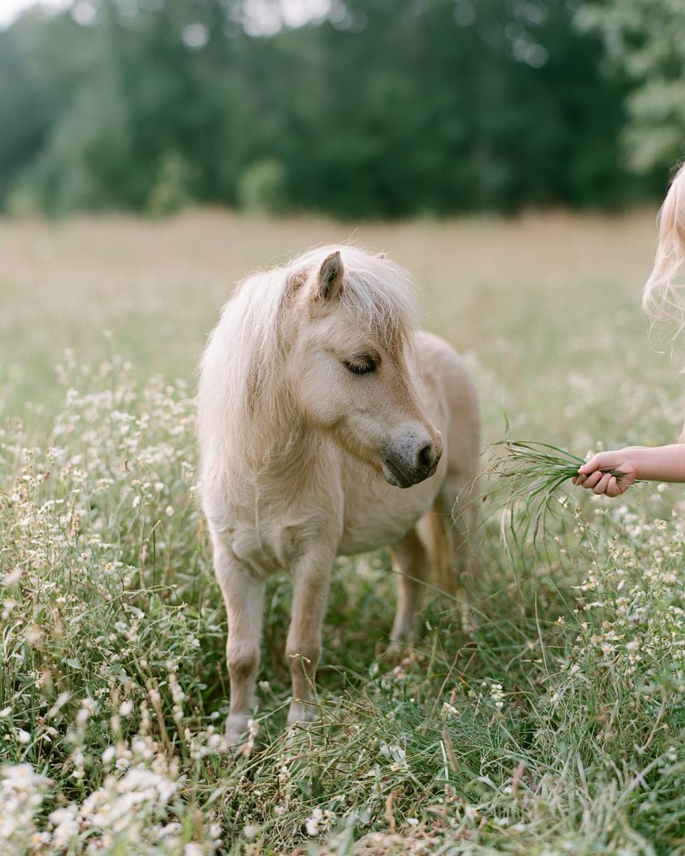 A miniature horse in wildflower pasture, a child’s hand offering grass from the frame edge