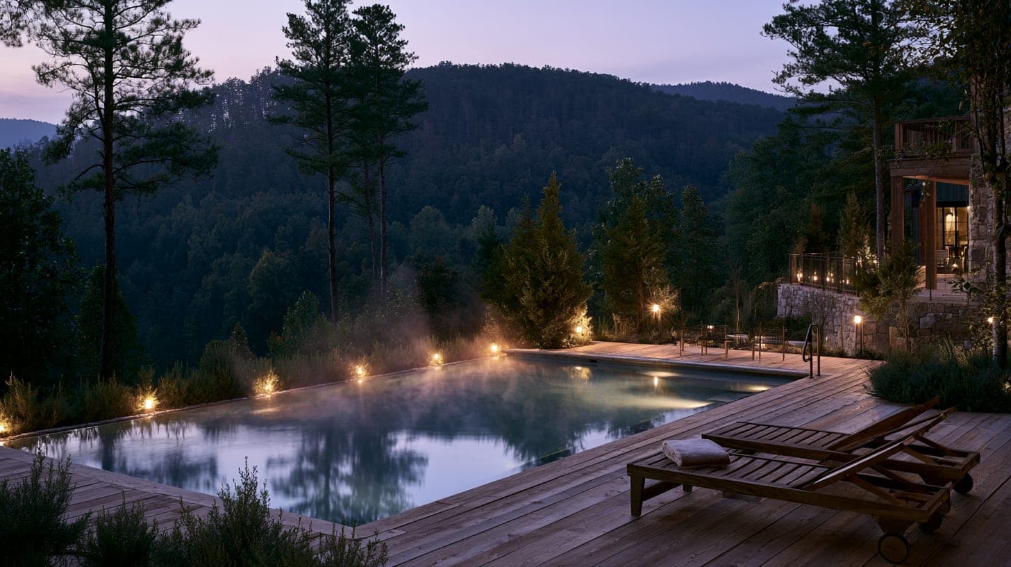 Steam rising off the saltwater pool at blue hour, the ridge going violet behind the timber deck