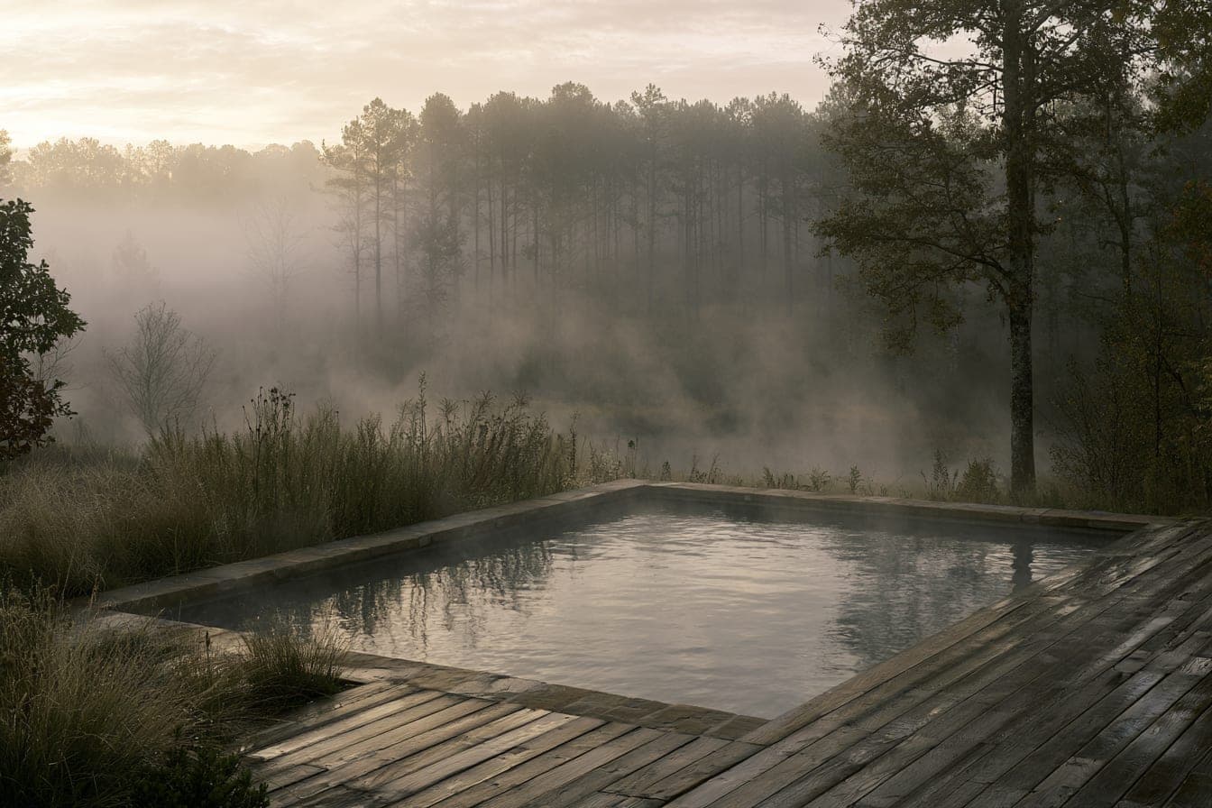 Steam lifting off the saltwater pool at first light, the forest in fog beyond