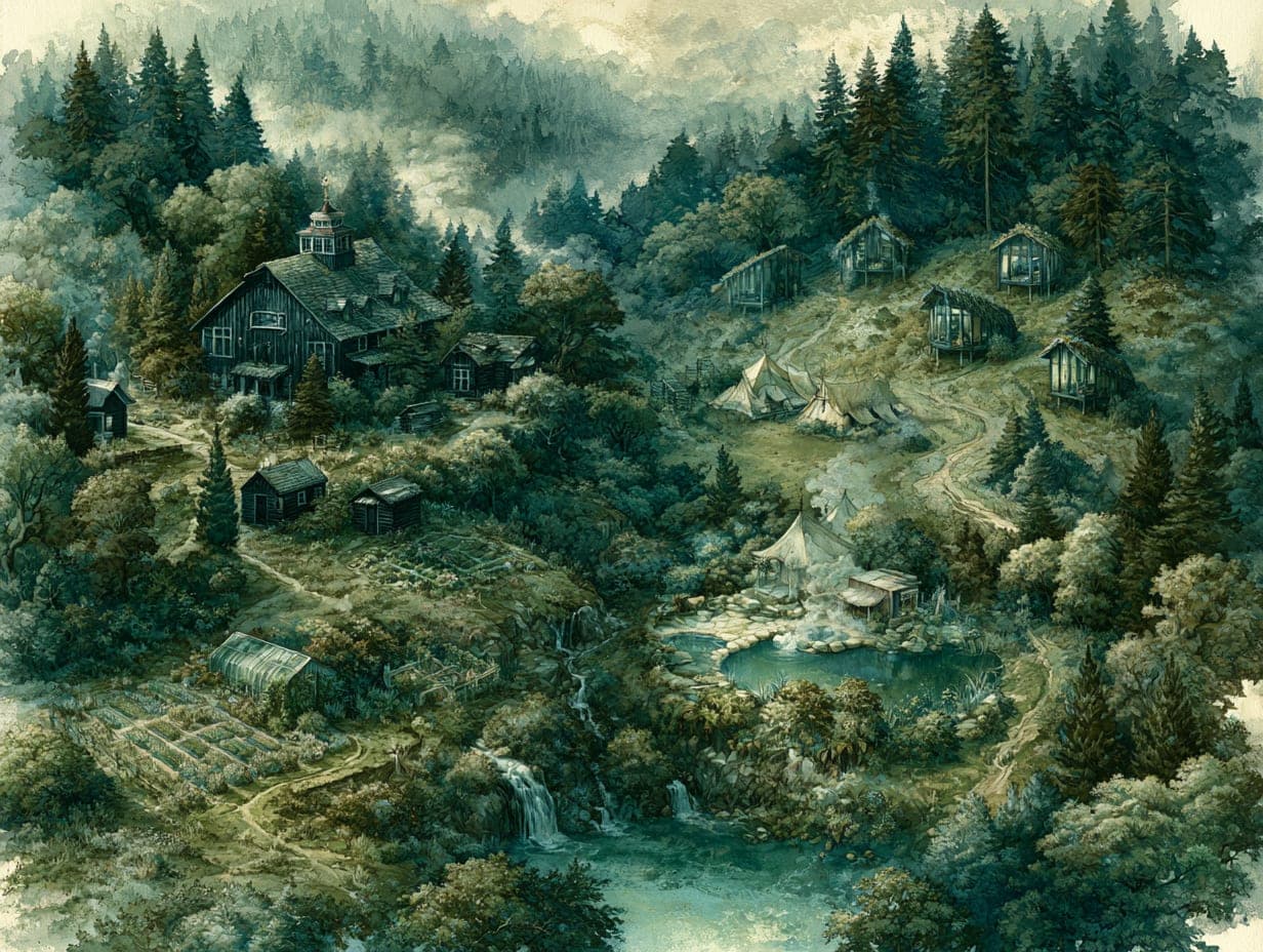 A hand-painted watercolor map of the homestead — lodge, cabins, pods, pool, gardens, creek, and trails