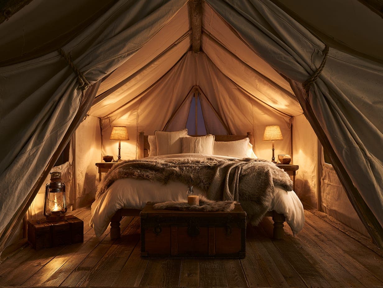Inside a canvas safari tent — a real bed with wool blankets, warm lamps, a lantern on a trunk