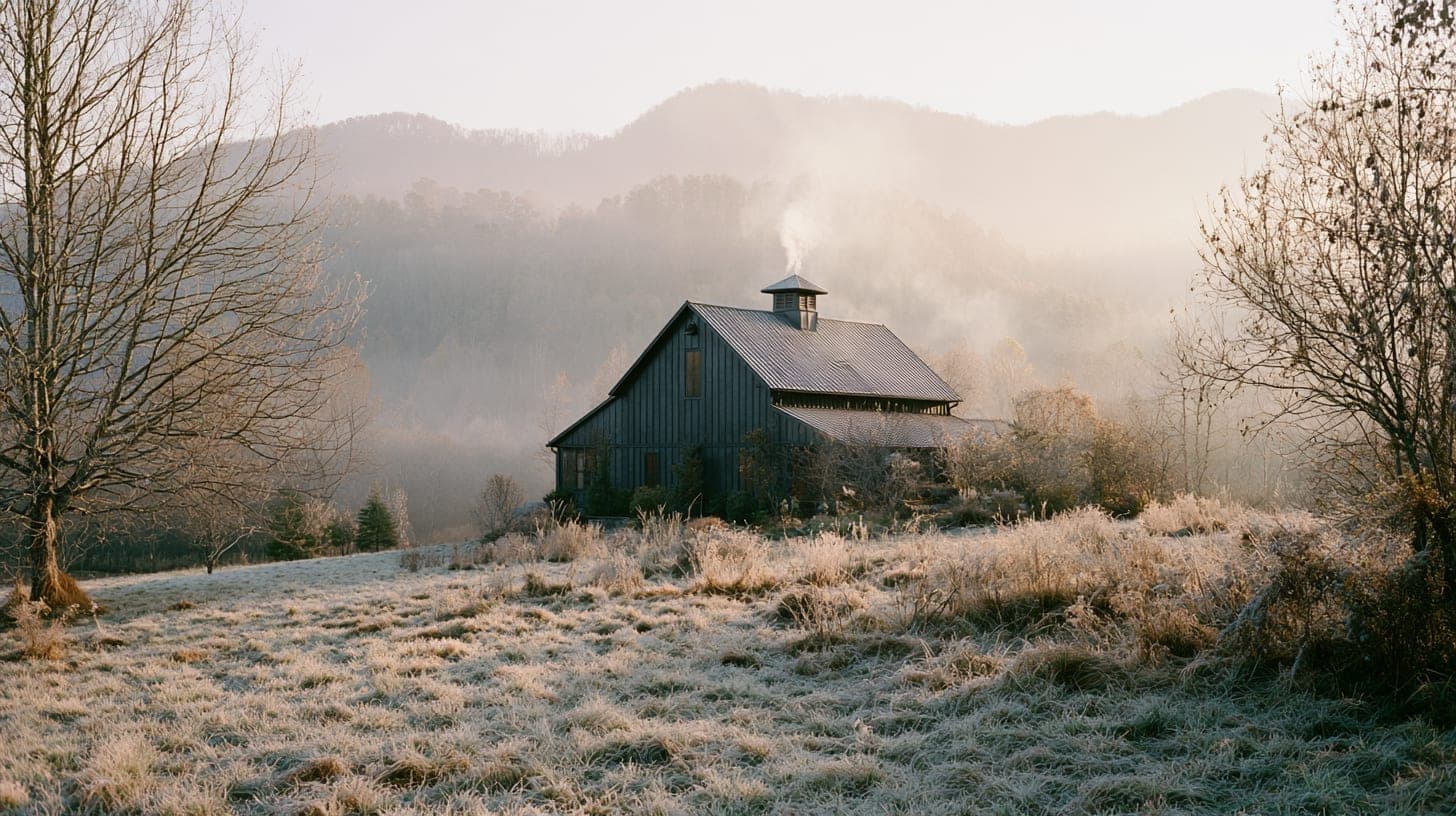 First frost on the pasture, woodsmoke rising straight from the lodge cupola into low silver sun