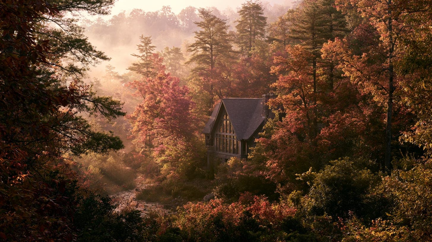 A valley of scarlet and amber October color around dark pines, a cabin gable tucked into it