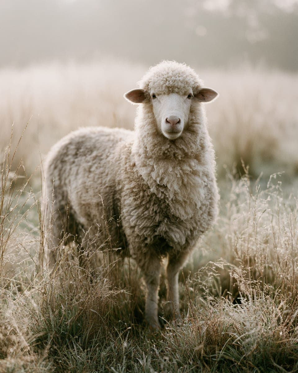A babydoll sheep with a woolly gentle face, standing in dewy pasture grass