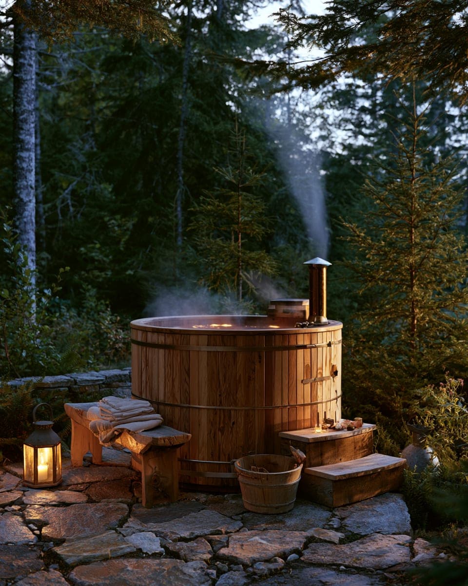 A cedar wood-fired hot tub steaming on a stone terrace at the forest edge at blue hour