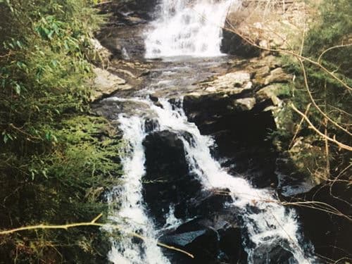 A tall waterfall cascading over dark rock on the property